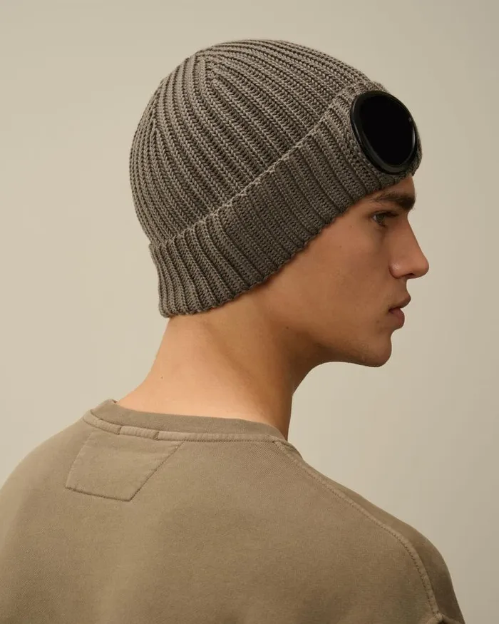 CP Company Hats Extra Fine Merino Wool Goggle Beanie Walnut Beige 8211 Man