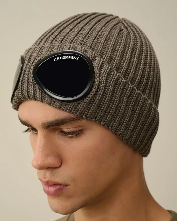 CP Company Hats Extra Fine Merino Wool Goggle Beanie Walnut Beige 8211 Man