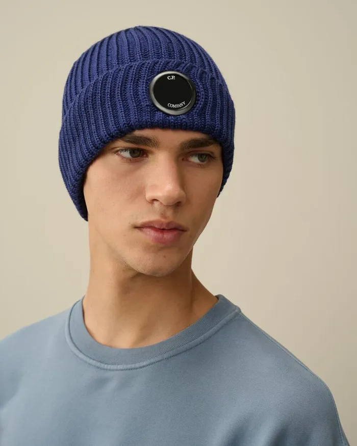 CP Company Hats Extra Fine Merino Wool Lens Beanie Estate Blue 8211 Man