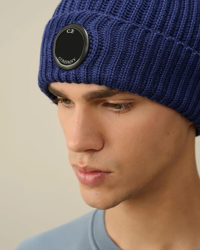 CP Company Hats Extra Fine Merino Wool Lens Beanie Estate Blue 8211 Man