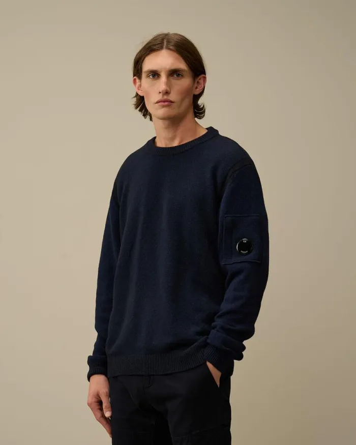 CP Company Jumpers Fleece Knit Crewneck Vanis Lens Knit Estate Blue 8211 Man