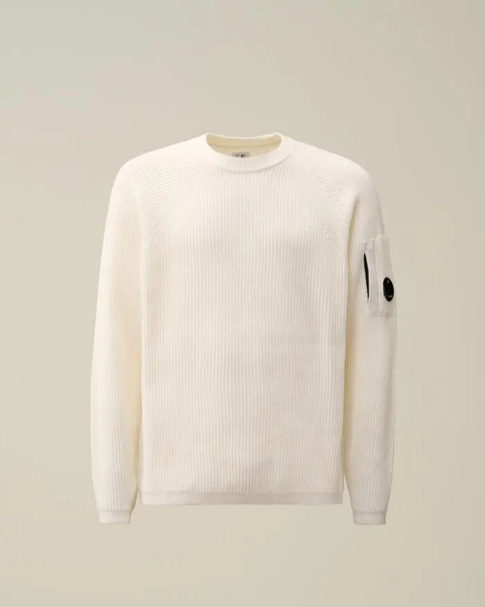 CP Company Jumpers Lambswool GRS Crew Neck Full Knit Gauze White 8211 Man