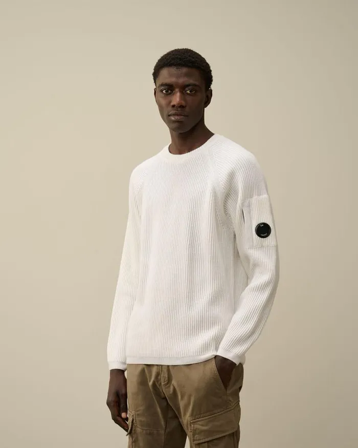 CP Company Jumpers Lambswool GRS Crew Neck Full Knit Gauze White 8211 Man