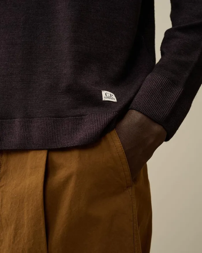 CP Company Jumpers Merino Wool Fast Dyed Crew Neck Logo Knit Nightshade Purple 8211 Man