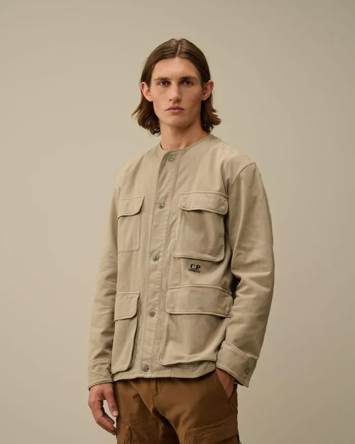 CP Company Overshirt Armored Stretch Satin Buttoned Overshirt Vintage Khaki Beige 8211 Man