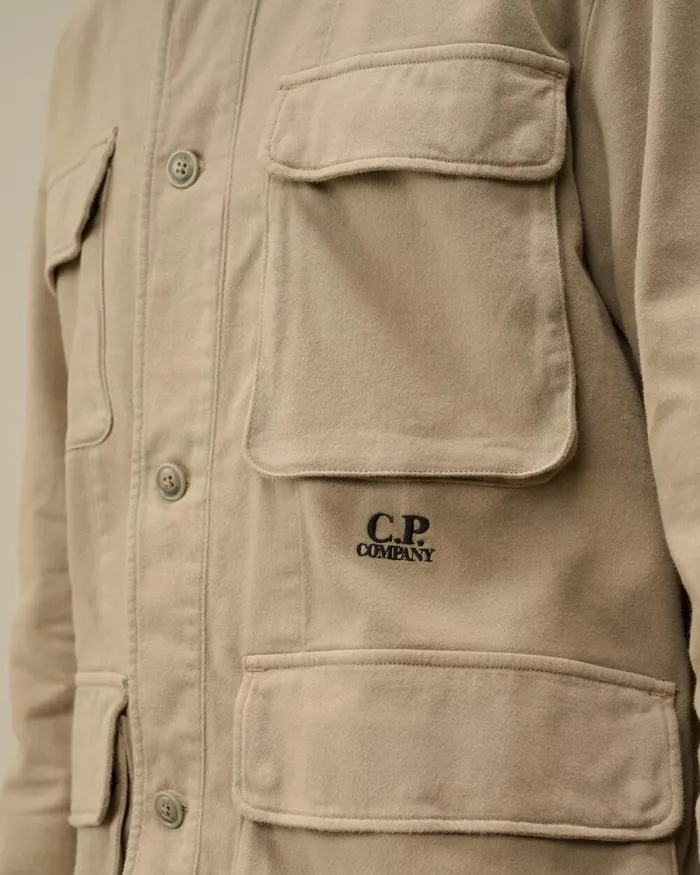 CP Company Overshirt Armored Stretch Satin Buttoned Overshirt Vintage Khaki Beige 8211 Man
