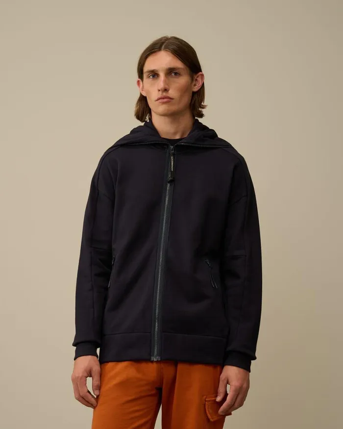 CP Company Sweatshirts Diagonal Raised Fleece Explorer Zipped Hooded Sweatshirt Total Eclipse Blue 8211 Man