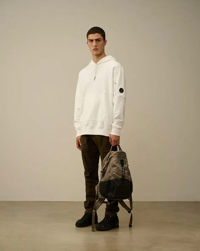 CP Company Sweatshirts Diagonal Raised Fleece Lens Hooded Sweatshirt Gauze White 8211 Man