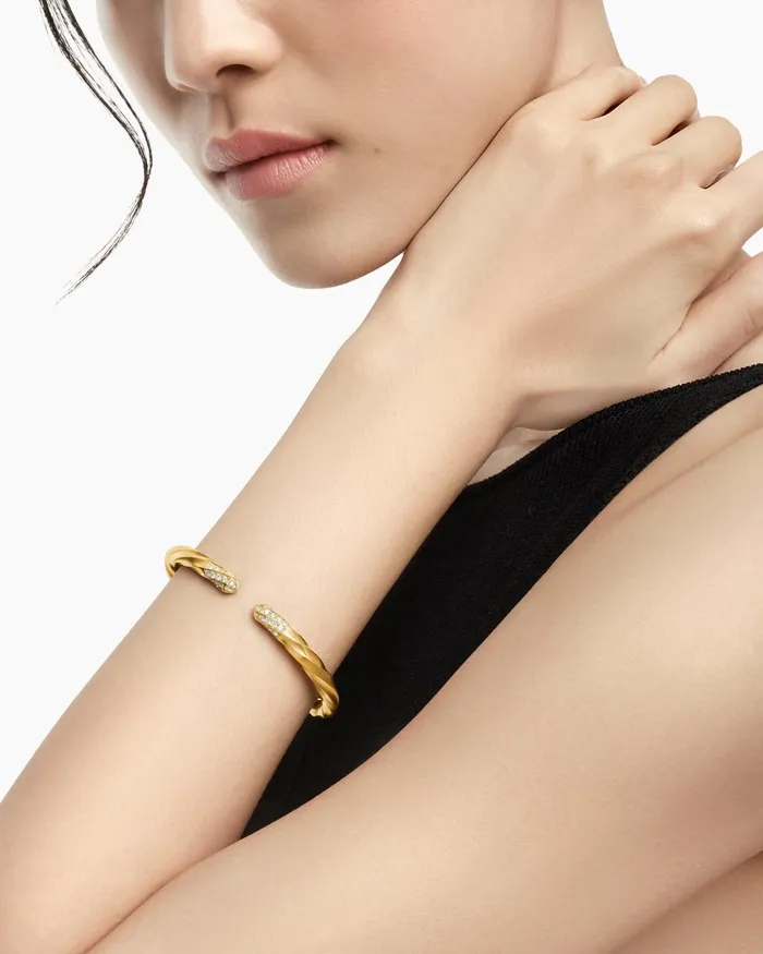 Cable Edge Bracelet In 18K Yellow Gold With Diamonds 55mm Women David Yurman Cuff Cable Edge Bracelet In 18K Yellow Gold With Diamonds 55mm Women David Yurman Cuff