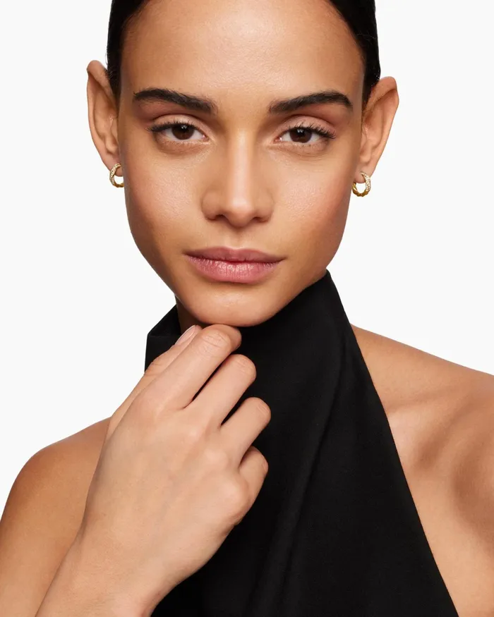 Cable Edge Huggie Hoop Earrings In 18K Yellow Gold With Diamonds 13mm Women David Yurman Hoop