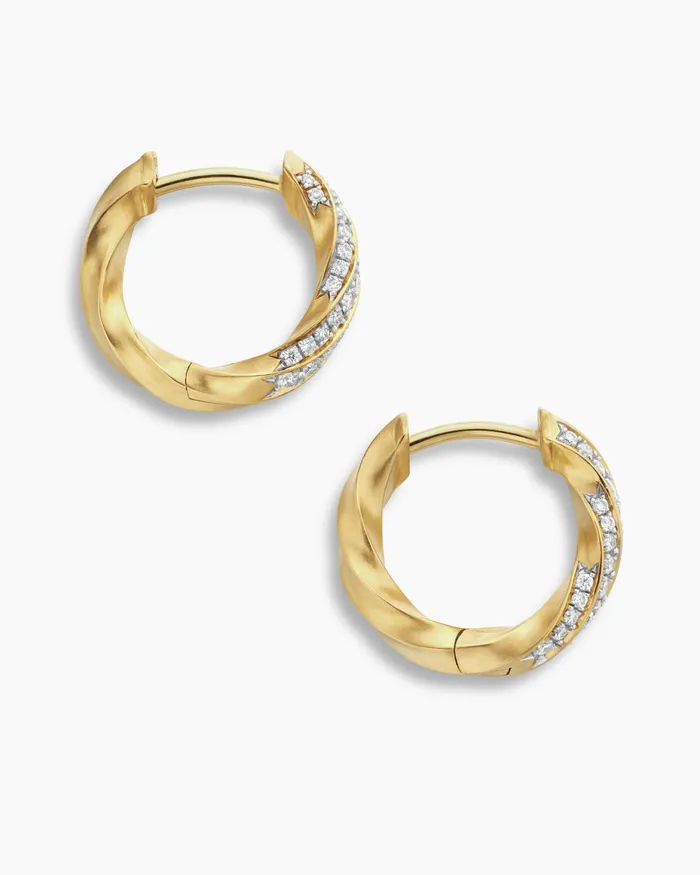 Cable Edge Huggie Hoop Earrings In 18K Yellow Gold With Diamonds 13mm Women David Yurman Hoop
