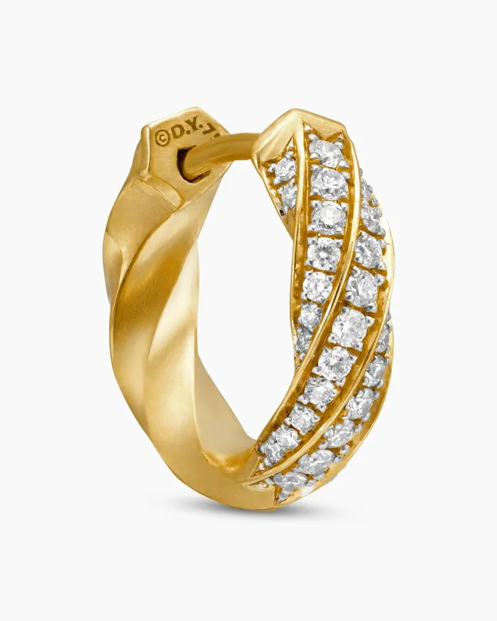 Cable Edge Huggie Hoop Earrings In 18K Yellow Gold With Diamonds 13mm Women David Yurman Hoop