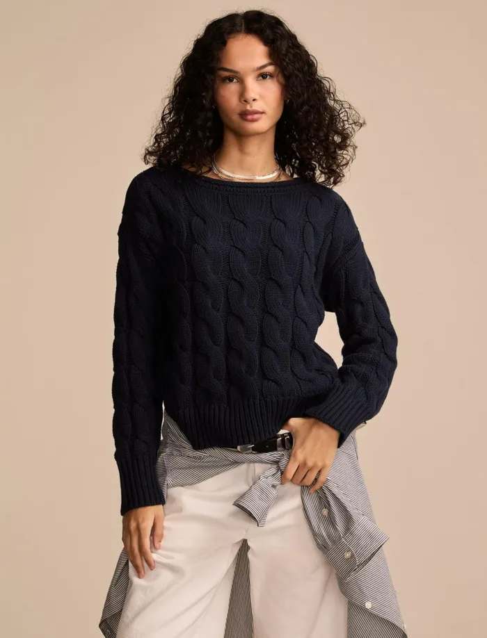 Cable Sweater Pullover Cadet Navy Women Lucky Brand Sweaters and Sweatshirts