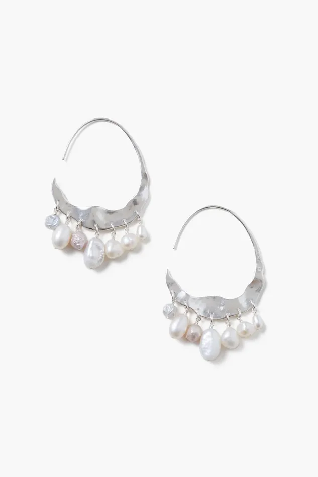 Chan Luu Earrings Women Crescent White Pearl And Silver Hoop Earrings