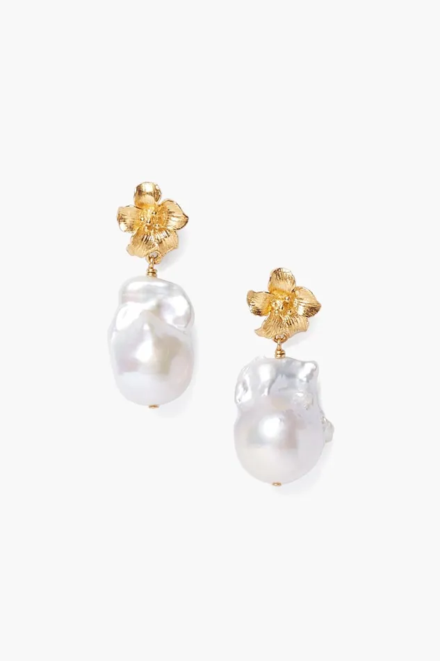 Chan Luu Earrings Women Gold Hibiscus Pearl Drop Earrings