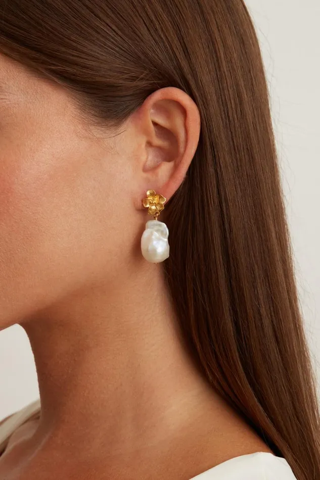 Chan Luu Earrings Women Gold Hibiscus Pearl Drop Earrings