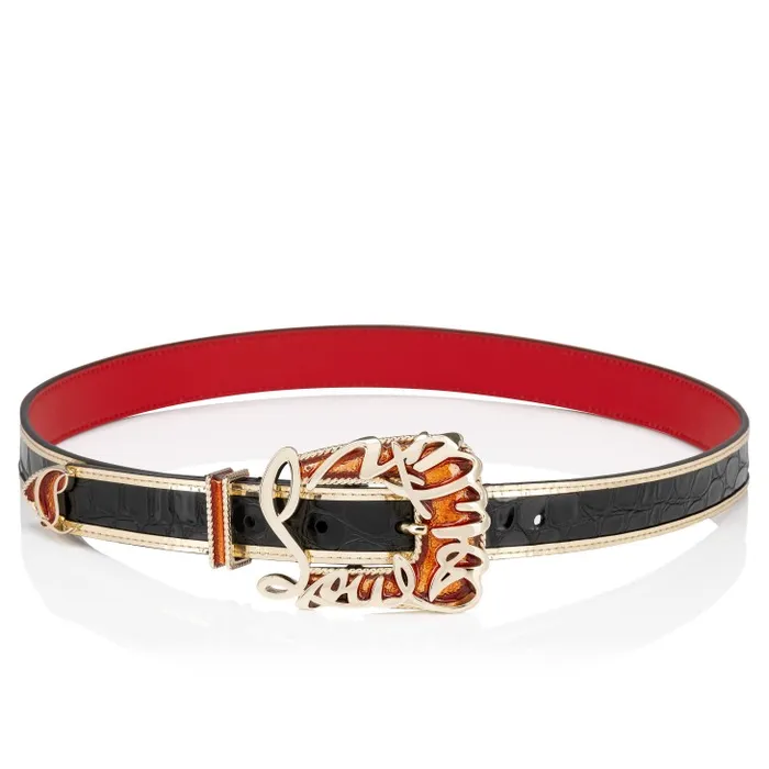 Christian Louboutin Belts Women Giddy Belt 8211 Alligator Embossed Calf Leather And Specchio Leather 8211 Black