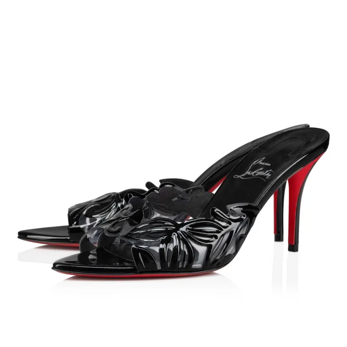 Christian Louboutin Sandals and Slides Women Apostropha Mule Petunia 80 Mm Mules 8211 PVC And Patent Leather 8211 Black