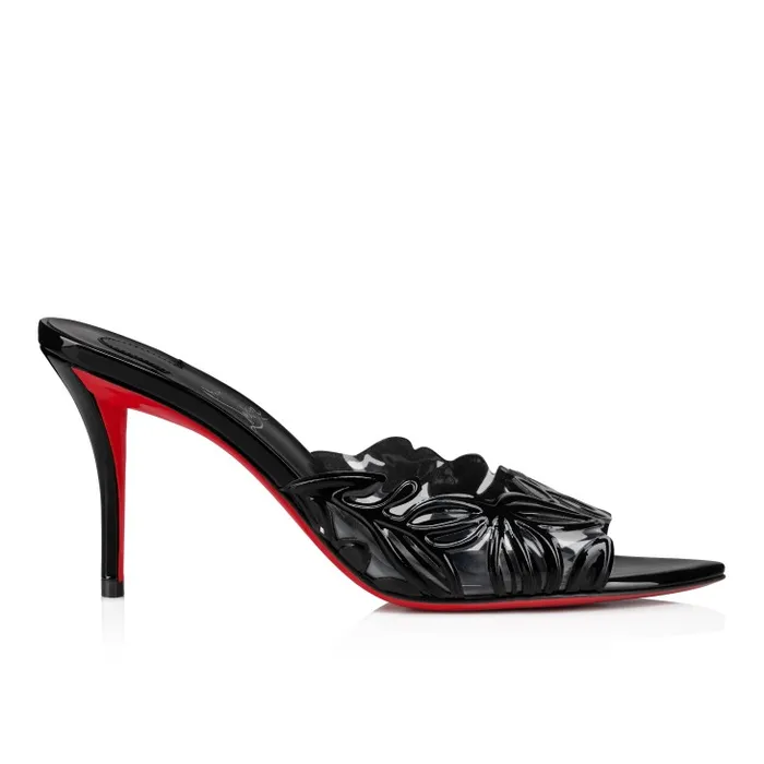 Christian Louboutin Sandals and Slides Women Apostropha Mule Petunia 80 Mm Mules 8211 PVC And Patent Leather 8211 Black