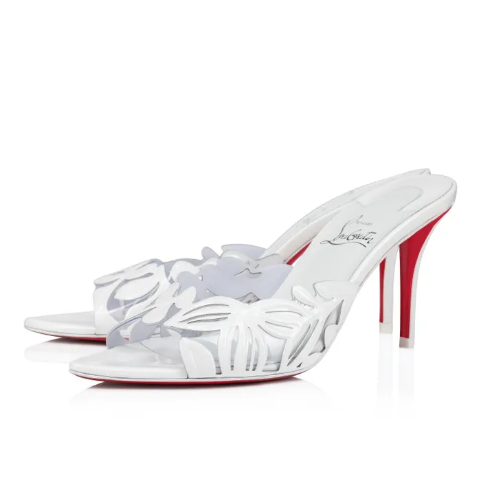 Christian Louboutin Sandals and Slides Women Apostropha Mule Petunia 80 Mm Mules 8211 PVC And Patent Leather 8211 White