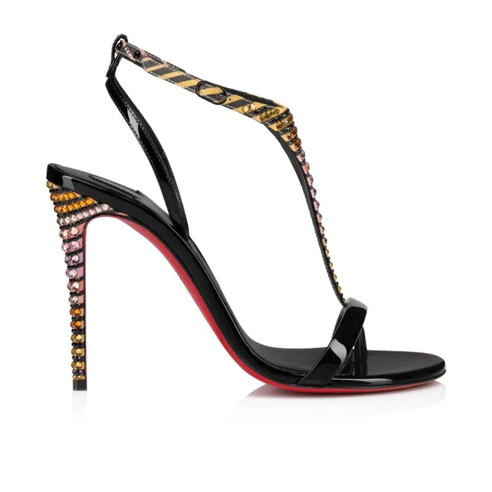 Christian Louboutin Sandals and Slides Women Athina Strass Aftersun 100 Mm Strappy Sandals 8211 Patent Leather Crepe Satin And Aftersun Strass 8211 Black