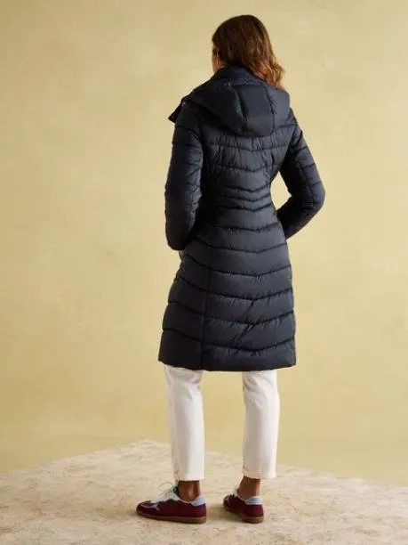 Coats and Jackets Women Joules Navy Blue Showerproof Longline Padded Coat With Hood