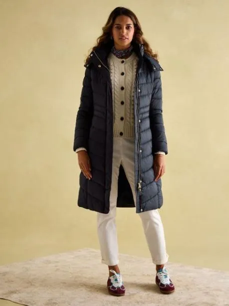 Coats and Jackets Women Joules Navy Blue Showerproof Longline Padded Coat With Hood