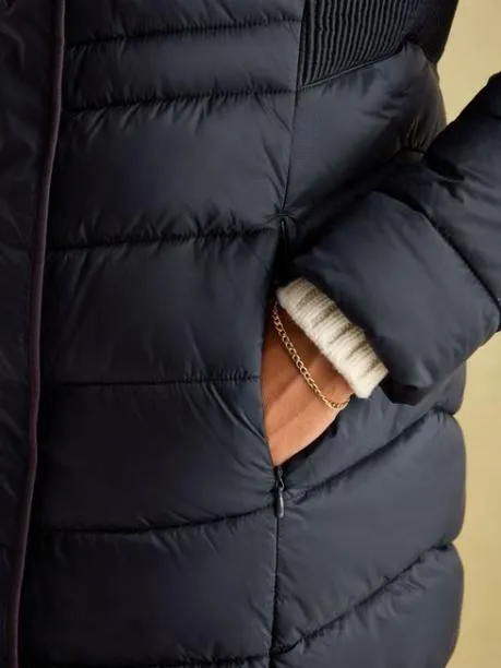Coats and Jackets Women Joules Navy Blue Showerproof Longline Padded Coat With Hood
