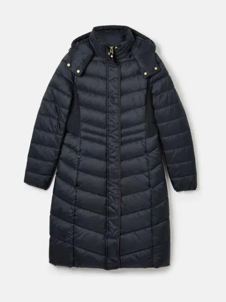 Coats and Jackets Women Joules Navy Blue Showerproof Longline Padded Coat With Hood