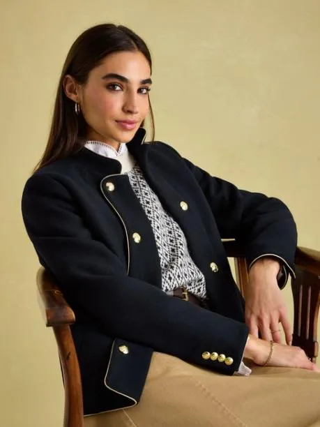 Coats and Jackets Women Joules Navy Wool Blend Band Jacket