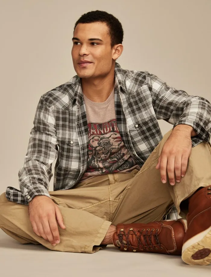 Cole Hauser Washed Plaid Western Shirt Washed Black Men Lucky Brand Shirts and Tops