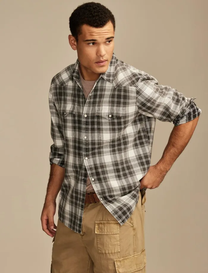 Cole Hauser Washed Plaid Western Shirt Washed Black Men Lucky Brand Shirts and Tops