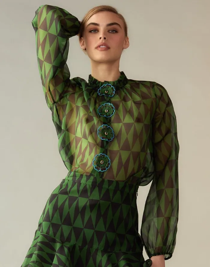 Cynthia Rowley Evergreen Silk Organza Shirt Women Tops