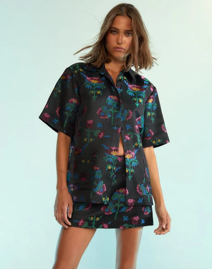 Cynthia Rowley Harper Jacquard Camp Shirt Women Tops