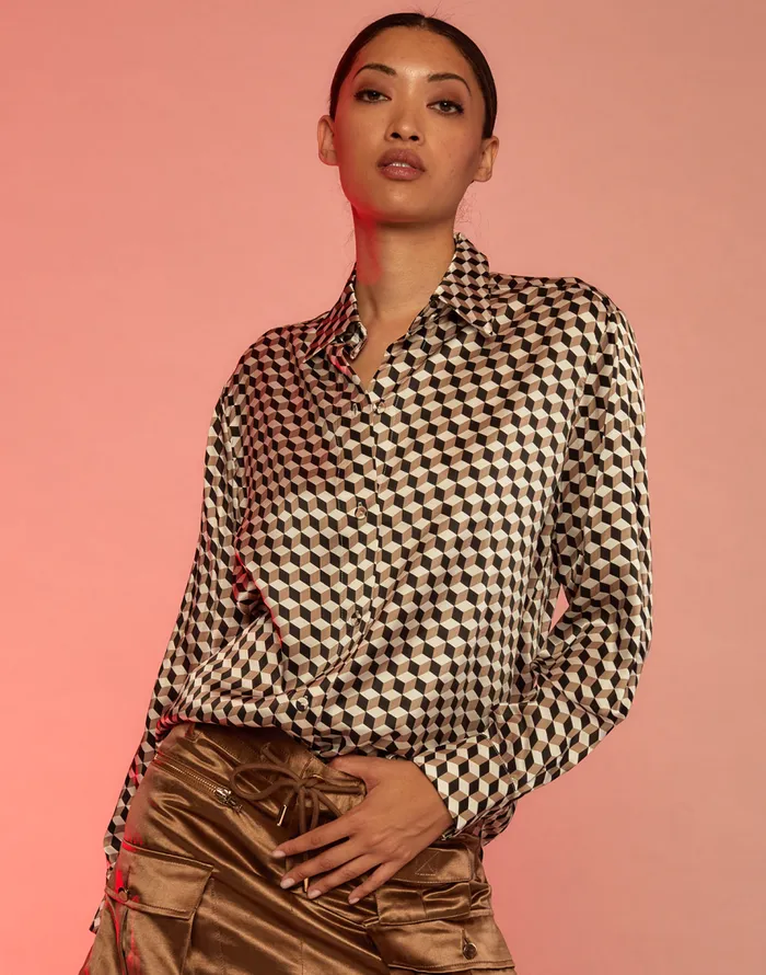 Cynthia Rowley Illusion Geometric Silk Shirt Women Tops