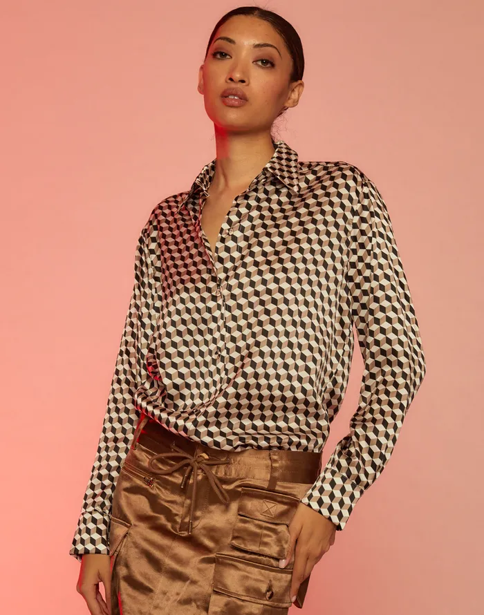 Cynthia Rowley Illusion Geometric Silk Shirt Women Tops Cynthia Rowley Illusion Geometric Silk Shirt Women Tops