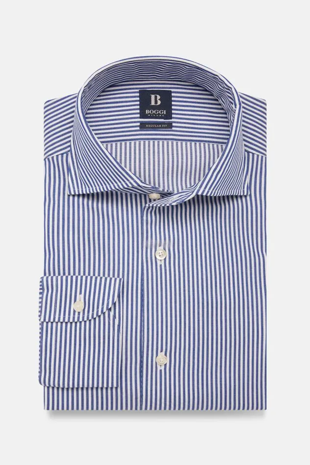 Dress Shirts Men Boggi Milano Regular Fit Blue Striped Dobby Cotton Shirt Blue