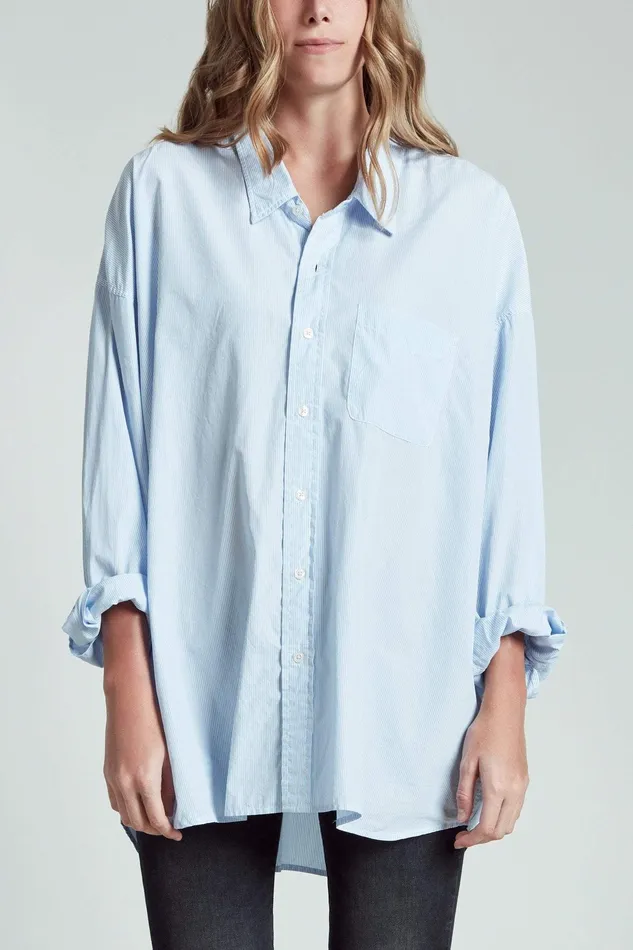 Drop Neck Oxford Shirt 8211 Blue And White Stripe Women Tops R13
