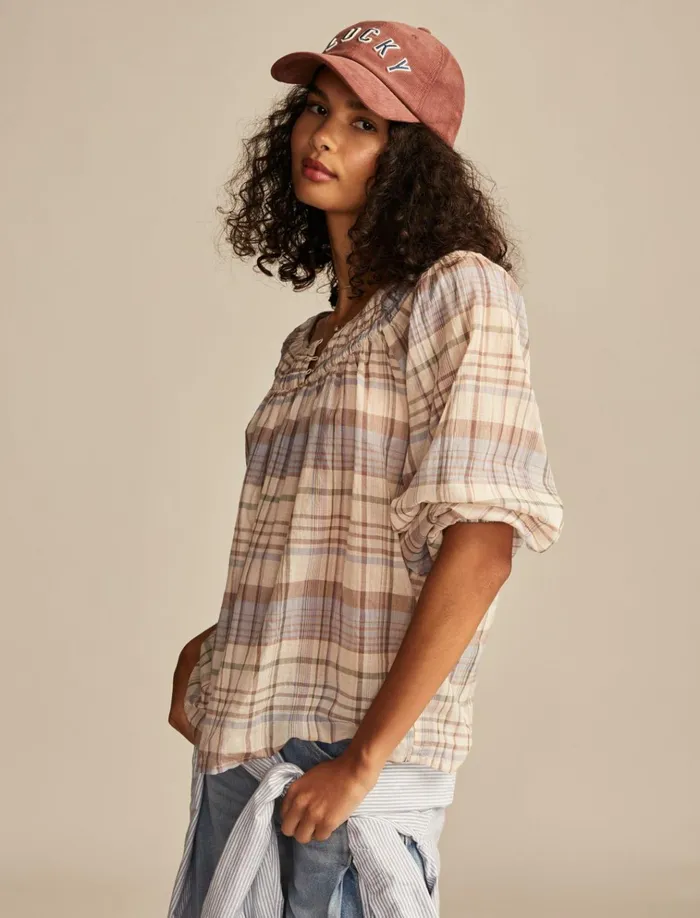 Easy Smocked Blouse Pink Plaid Women Lucky Brand Blouses