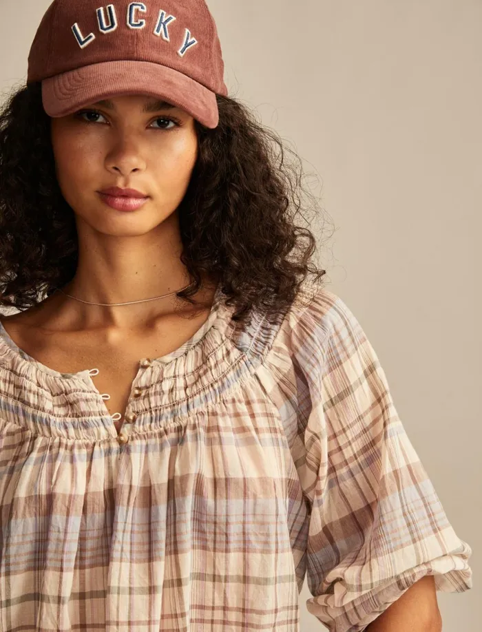Easy Smocked Blouse Pink Plaid Women Lucky Brand Blouses