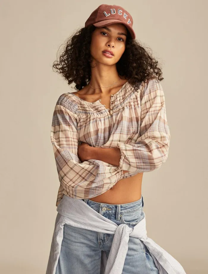 Easy Smocked Blouse Pink Plaid Women Lucky Brand Blouses