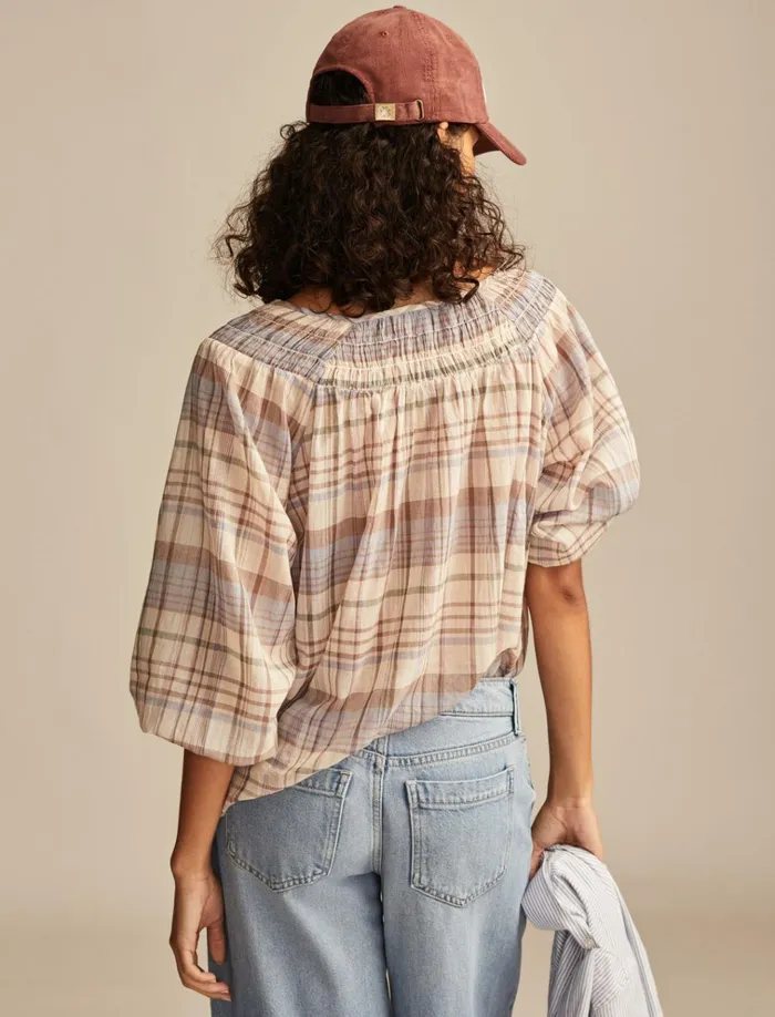 Easy Smocked Blouse Pink Plaid Women Lucky Brand Blouses