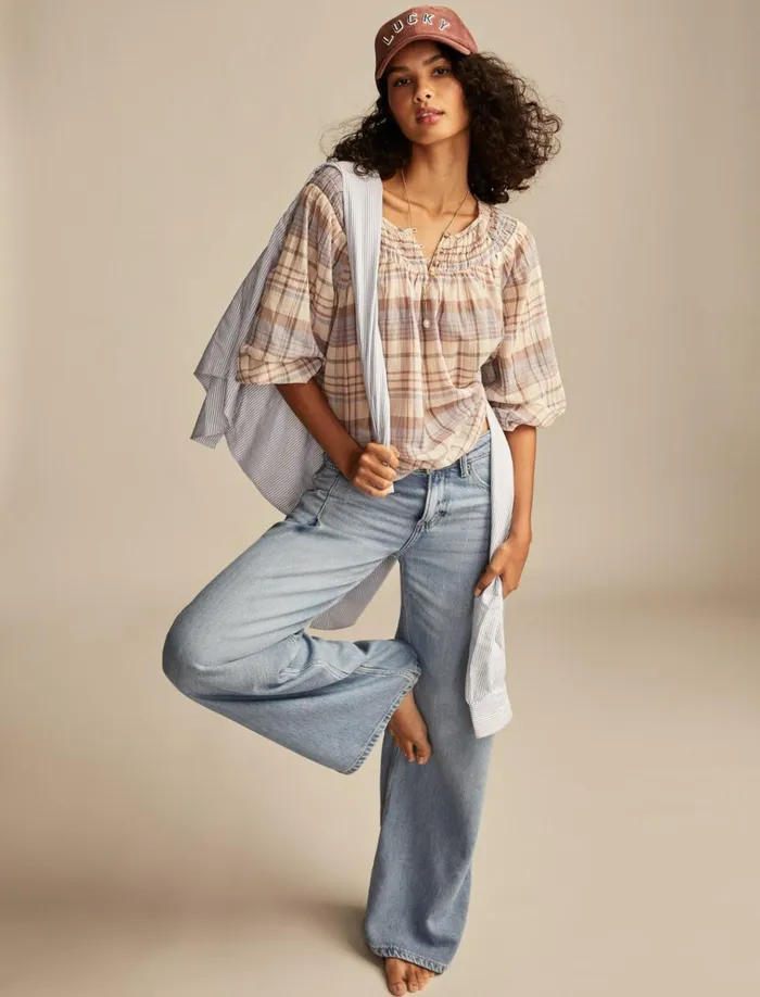 Easy Smocked Blouse Pink Plaid Women Lucky Brand Blouses