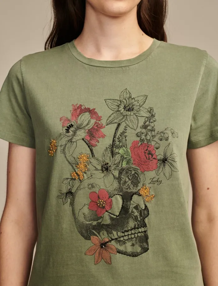 Embellished Floral Skull Classic Crew Sea Spray Women Lucky Brand Graphic Tees