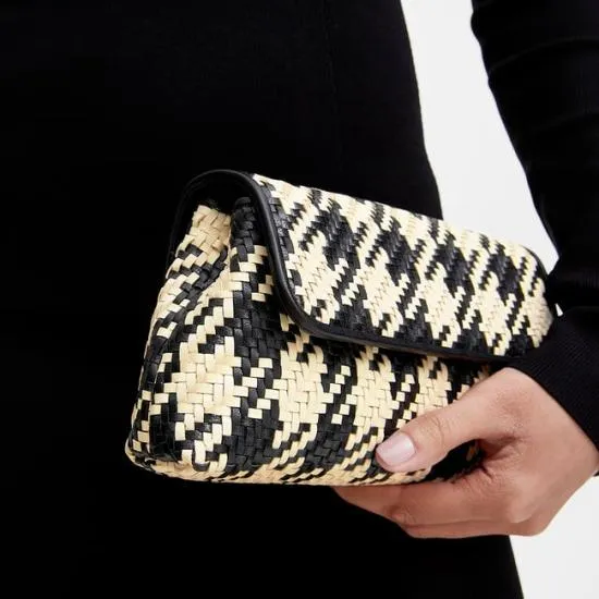 Evening Clutch Black and Ivory Woven Leather Women Aspinal Of London Woven Leather