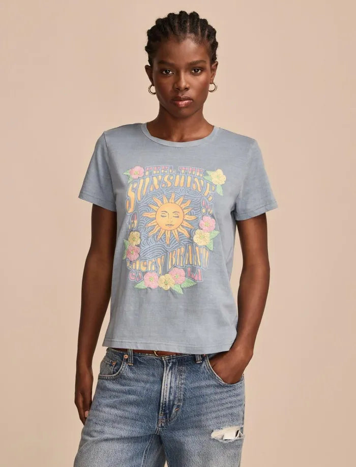 Feel The Sunshine Classic Crew Faded Denim Women Lucky Brand Graphic Tees