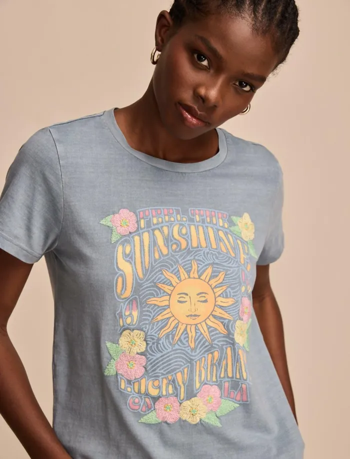 Feel The Sunshine Classic Crew Faded Denim Women Lucky Brand Graphic Tees