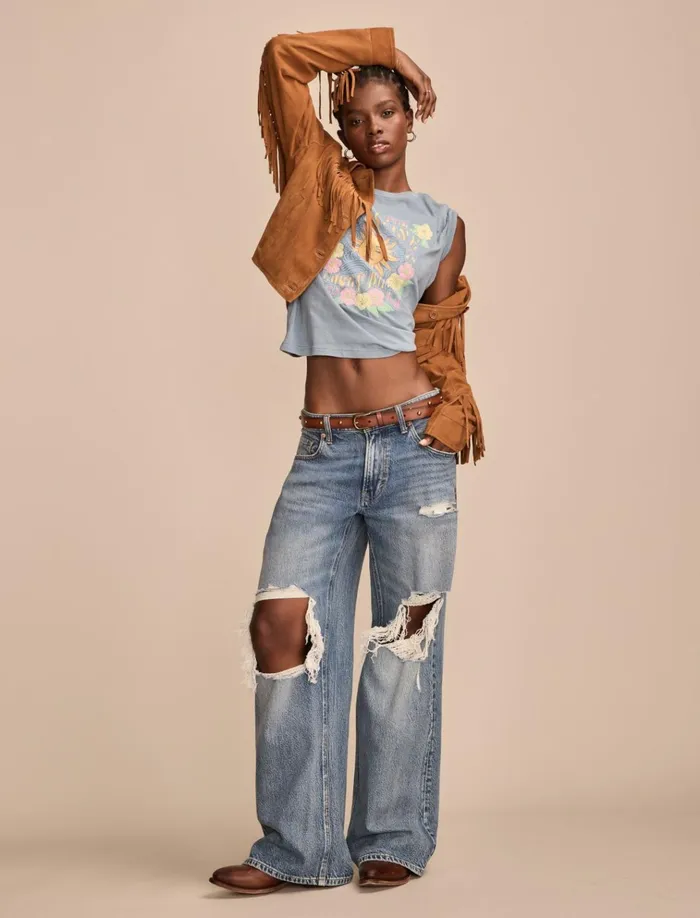 Feel The Sunshine Classic Crew Faded Denim Women Lucky Brand Graphic Tees
