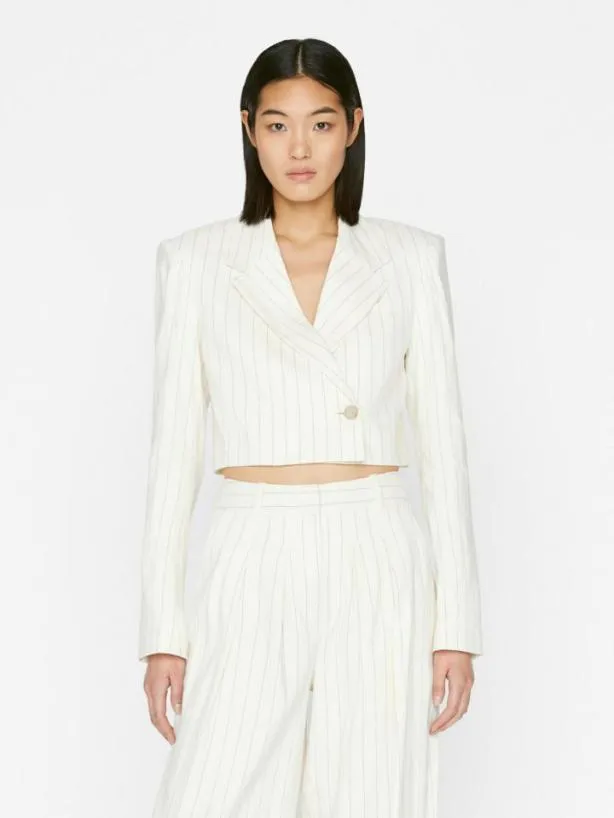 Frame Cropped Strong Shoulder Blazer In Bone Multi Bone Multi Women Jackets and Coats