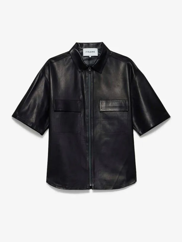 Frame Relaxed Short Sleeve Leather Shirt In Noir Noir Men Shirts